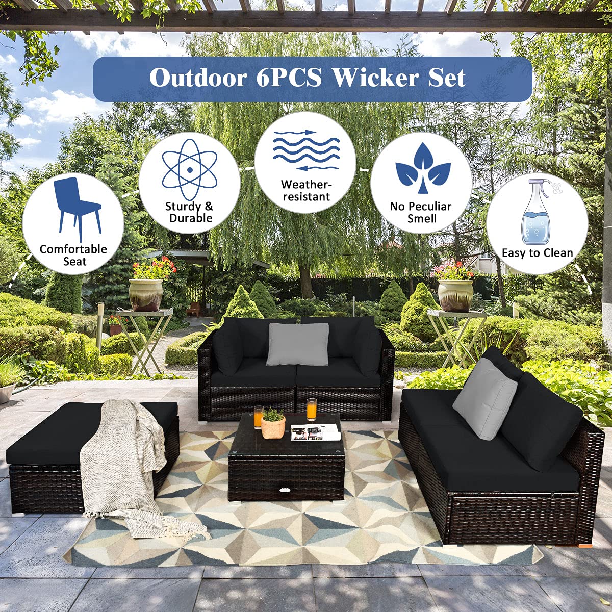 Tangkula 6 Piece Patio Furniture Set, Outdoor Deck Lawn Backyard Durable Steel Frame PE Rattan Wicker Sectional Sofa Set, Conversation Set with Coffee Table (Black)