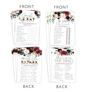 Your Main Event Prints Navy Burgundy Bridal Shower Bachelorette Games - Floral, He Said She Said, Find The Guest, Would She Rather, What's In Your Phone - 25 Games Each, Printed Front and Back, One Game Per Side