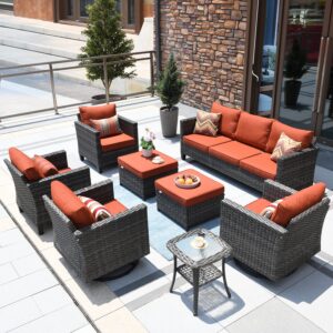 ovios 8 Piece Patio Furniture Set, Outdoor Wicker Sofa Couch with Swivel Rocking Chairs and Comfy Cushions, High Back Rattan Conversation Set, Orange Red