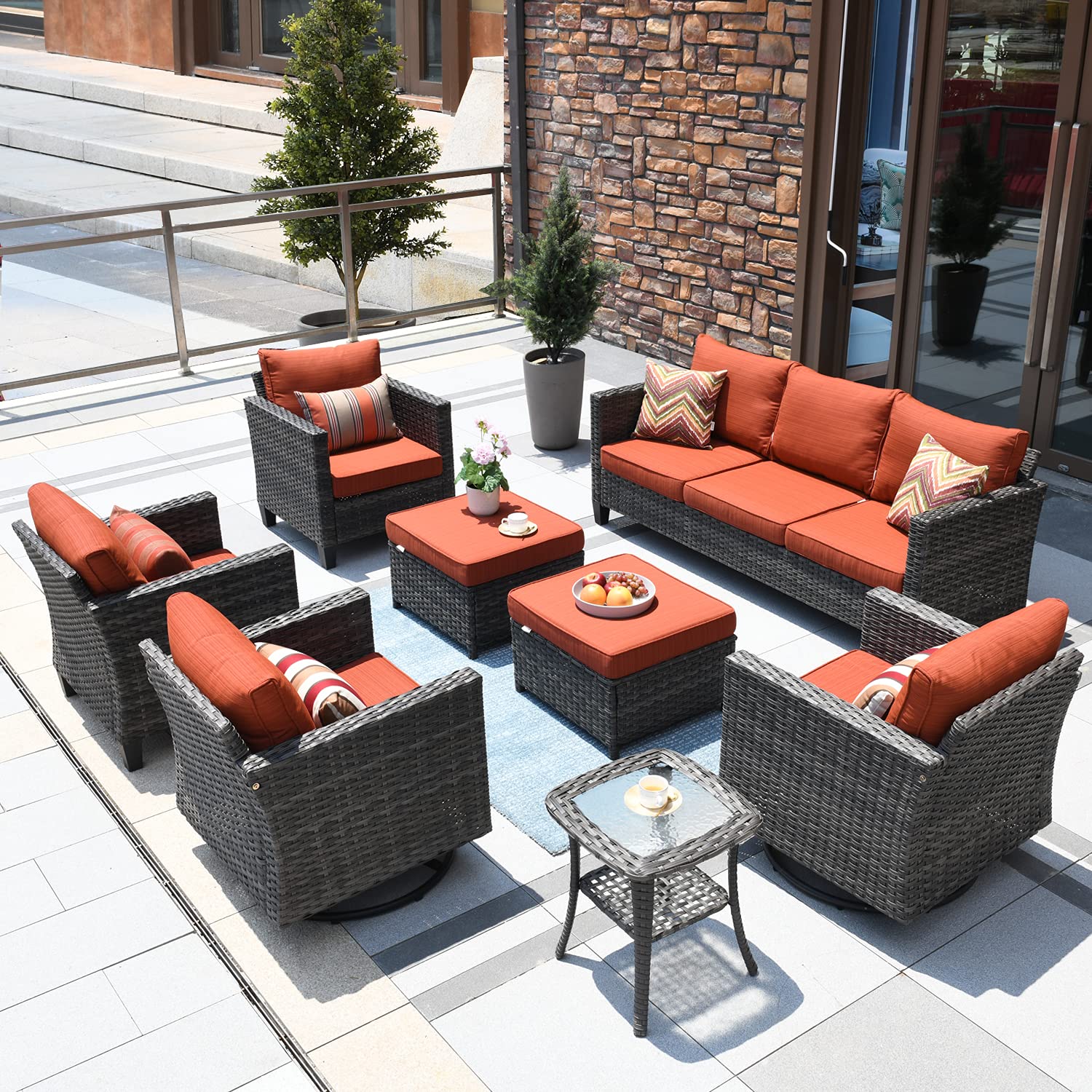 ovios 8 Piece Patio Furniture Set, Outdoor Wicker Sofa Couch with Swivel Rocking Chairs and Comfy Cushions, High Back Rattan Conversation Set, Orange Red