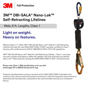 3M™ DBI-SALA® Nano-Lok™ Personal Self Retracting Lifeline, Web Steel Rebar Hook, 3100537, 6 ft., Class 1, ANSI