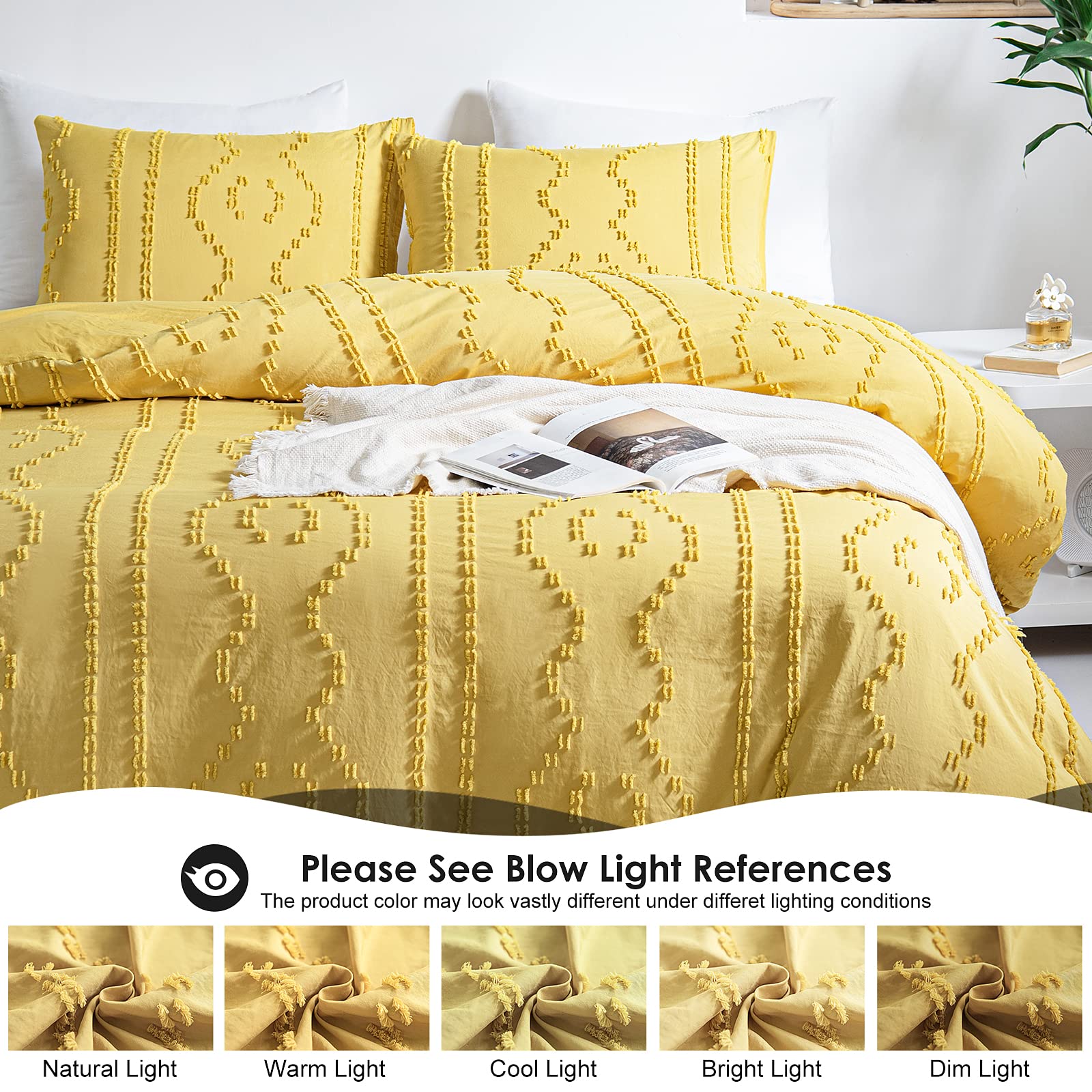 WARMDERN Boho Duvet Cover Set, Tufted Bedding Duvet Covers Soft Washed Microfiber Duvet Cover King Size, 3 Pieces Embroidery Shabby Chic Duvet Cover with Zipper Closure(Yellow, King)