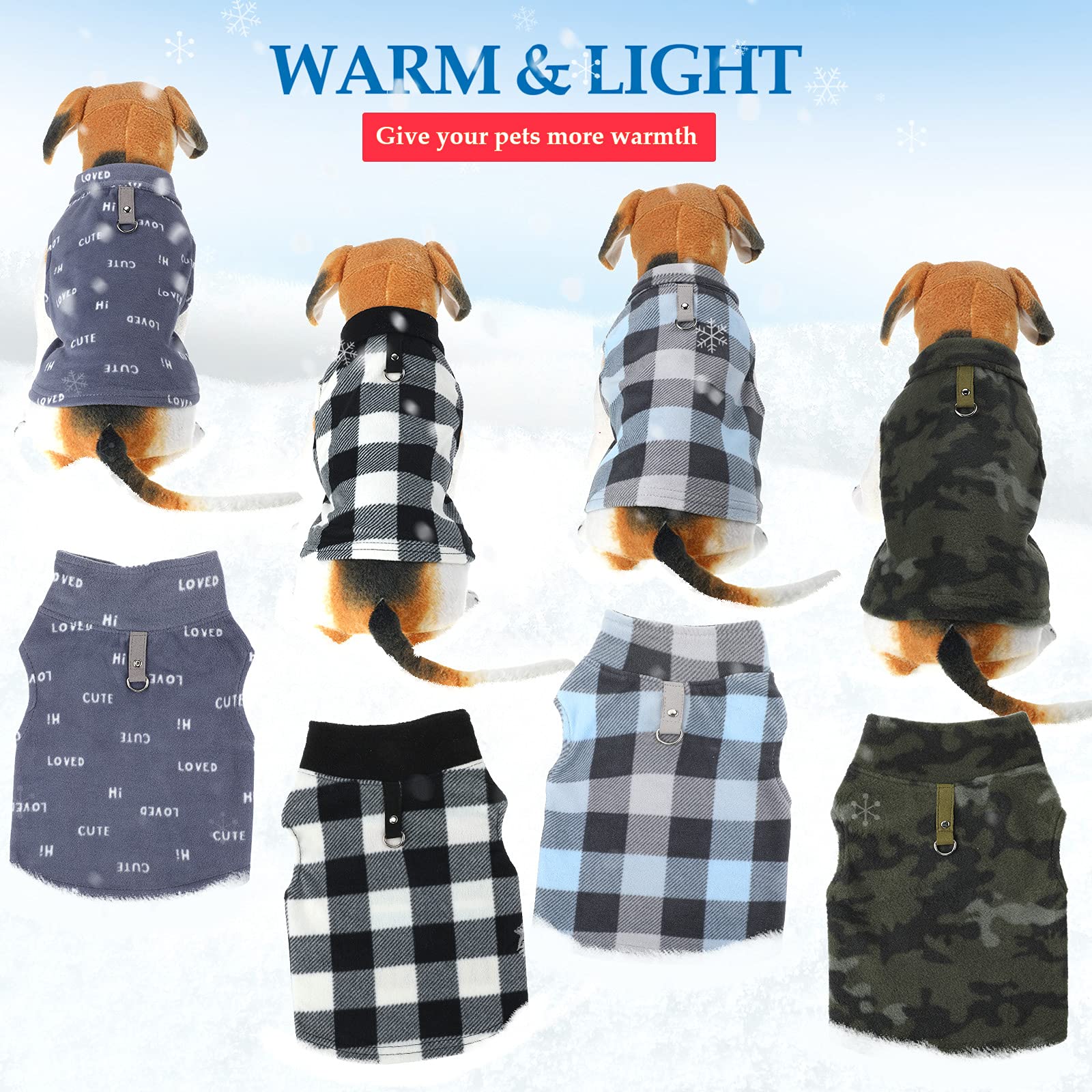 4 Pieces Winter Fabric Dog Sweater with Leash Ring Soft Fleece Vest Dog Clothes Plaid Camouflage Warm Puppy Dog Jacket Pullover Clothes for Small Dogs Cat Puppy Chihuahua(XS)