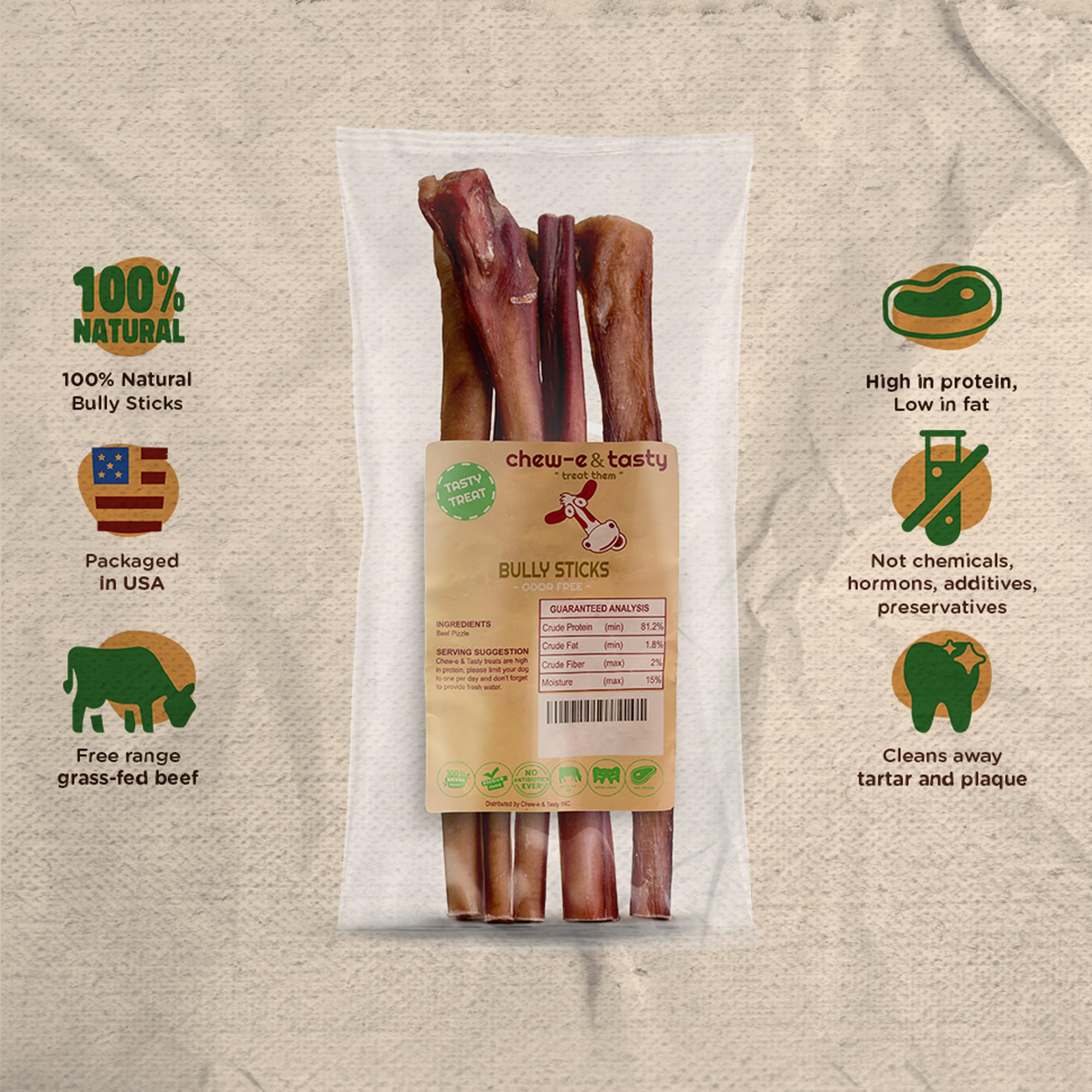 chew-e&tasty 12 Inch Bully Sticks for Large Dogs (5pk) - Natural & Odor Free Bully Sticks - Made of Fully Digestible High Protein & Low Fats Jumbo Bully Sticks for Large Dogs