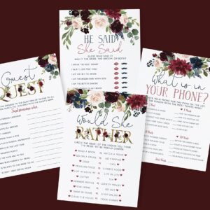 Your Main Event Prints Navy Burgundy Bridal Shower Bachelorette Games - Floral, He Said She Said, Find The Guest, Would She Rather, What's In Your Phone - 25 Games Each, Printed Front and Back, One Game Per Side