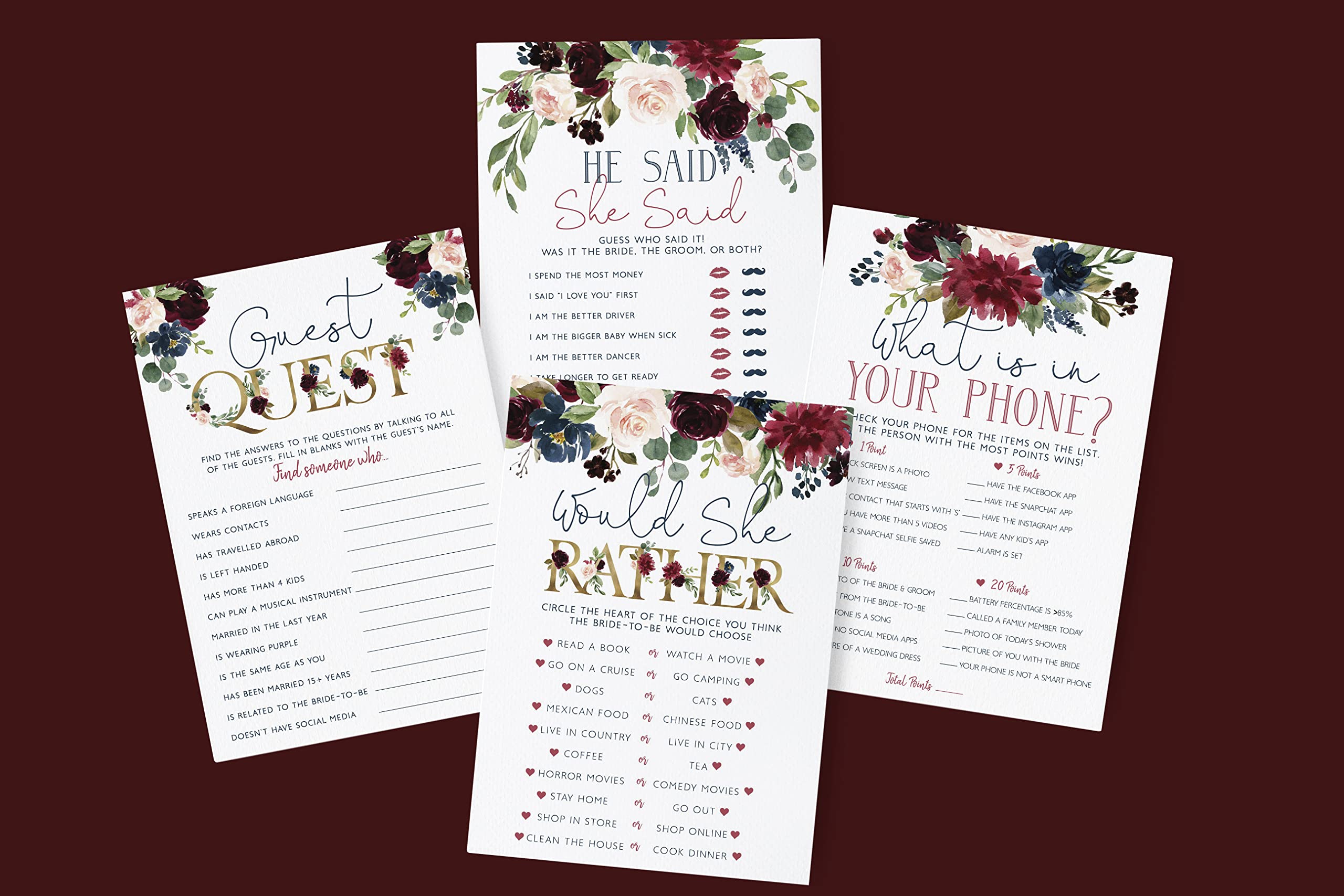 Your Main Event Prints Navy Burgundy Bridal Shower Bachelorette Games - Floral, He Said She Said, Find The Guest, Would She Rather, What's In Your Phone - 25 Games Each, Printed Front and Back, One Game Per Side