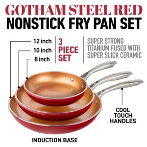 GOTHAM STEEL Frying Pan Set, 3 Piece Nonstick Copper Fry Pans Set, 8”, 10” & 12” Nonstick Frying Pans, Nonstick Skillet Set, Omelet Pan, Cookware, PFOA Free, Dishwasher Safe, Cool Touch Handle - RED