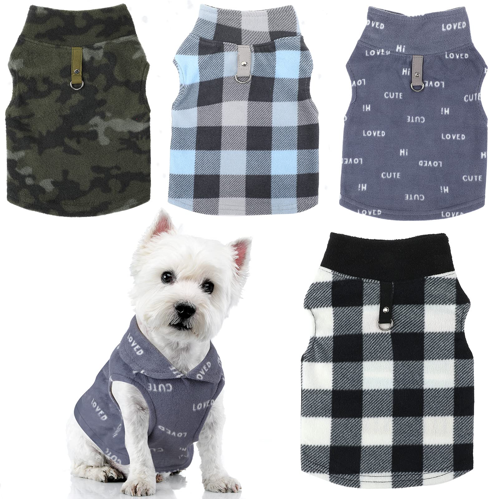 4 Pieces Winter Fabric Dog Sweater with Leash Ring Soft Fleece Vest Dog Clothes Plaid Camouflage Warm Puppy Dog Jacket Pullover Clothes for Small Dogs Cat Puppy Chihuahua(XS)