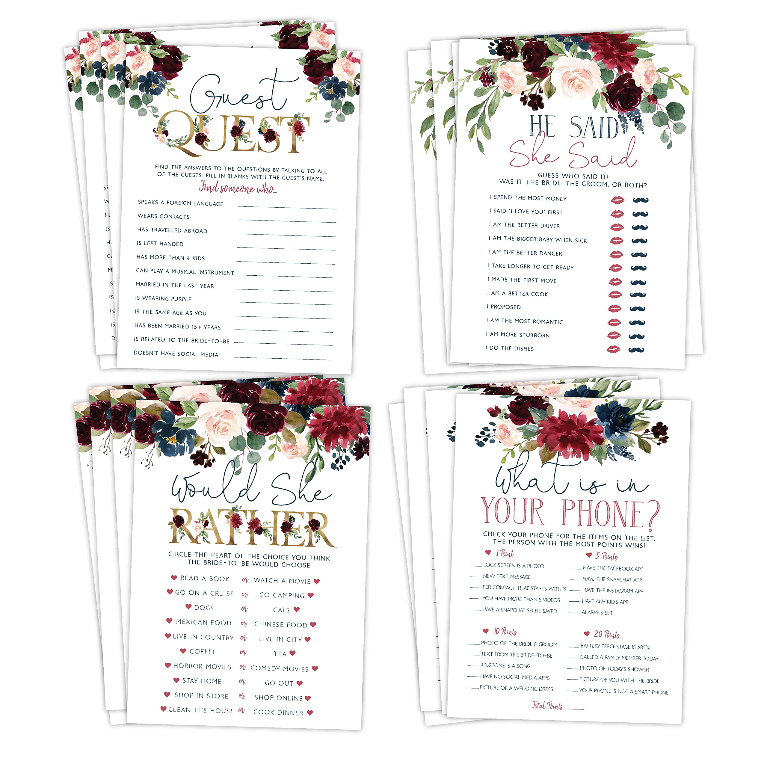 Your Main Event Prints Navy Burgundy Bridal Shower Bachelorette Games - Floral, He Said She Said, Find The Guest, Would She Rather, What's In Your Phone - 25 Games Each, Printed Front and Back, One Game Per Side