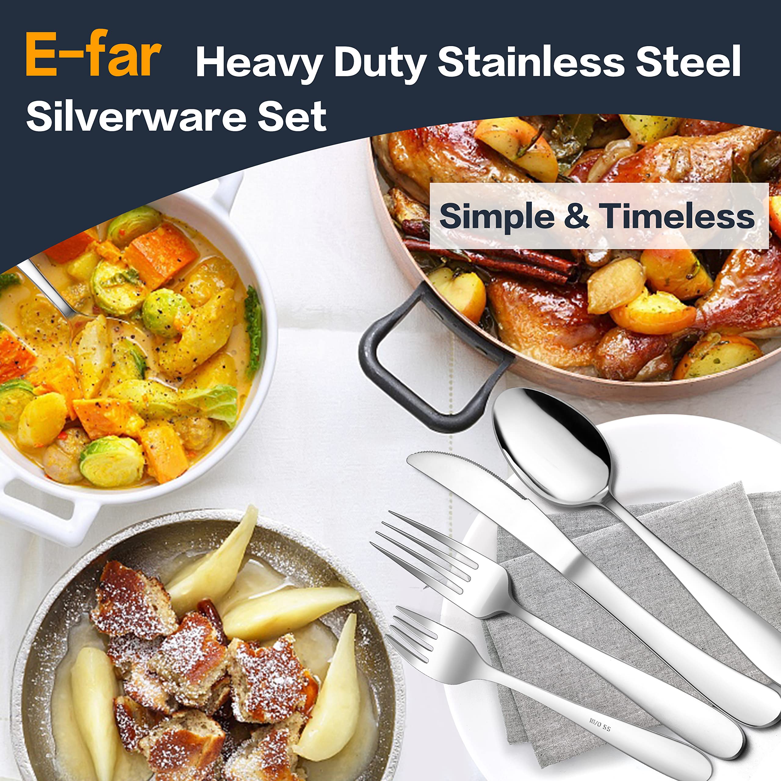 E-far 40-Piece Heavy Duty Silverware Set, Stainless Steel Flatware Cutlery Set for 8, Heavy Weight Tableware Eating Utensils Set for Kitchen Restaurant Wedding Party, Mirror Polished & Dishwasher Safe