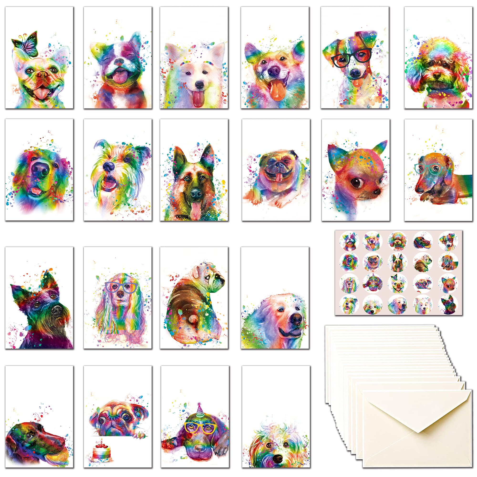 20 Greeting Cards, Rainbow dog Thank You Cards With Envelopes & Stickers-Watercolor Painted Dogs Thank You cards Bulk Note Cards Stationery Box Set For All Occasions Birthday Thank You Wedding.