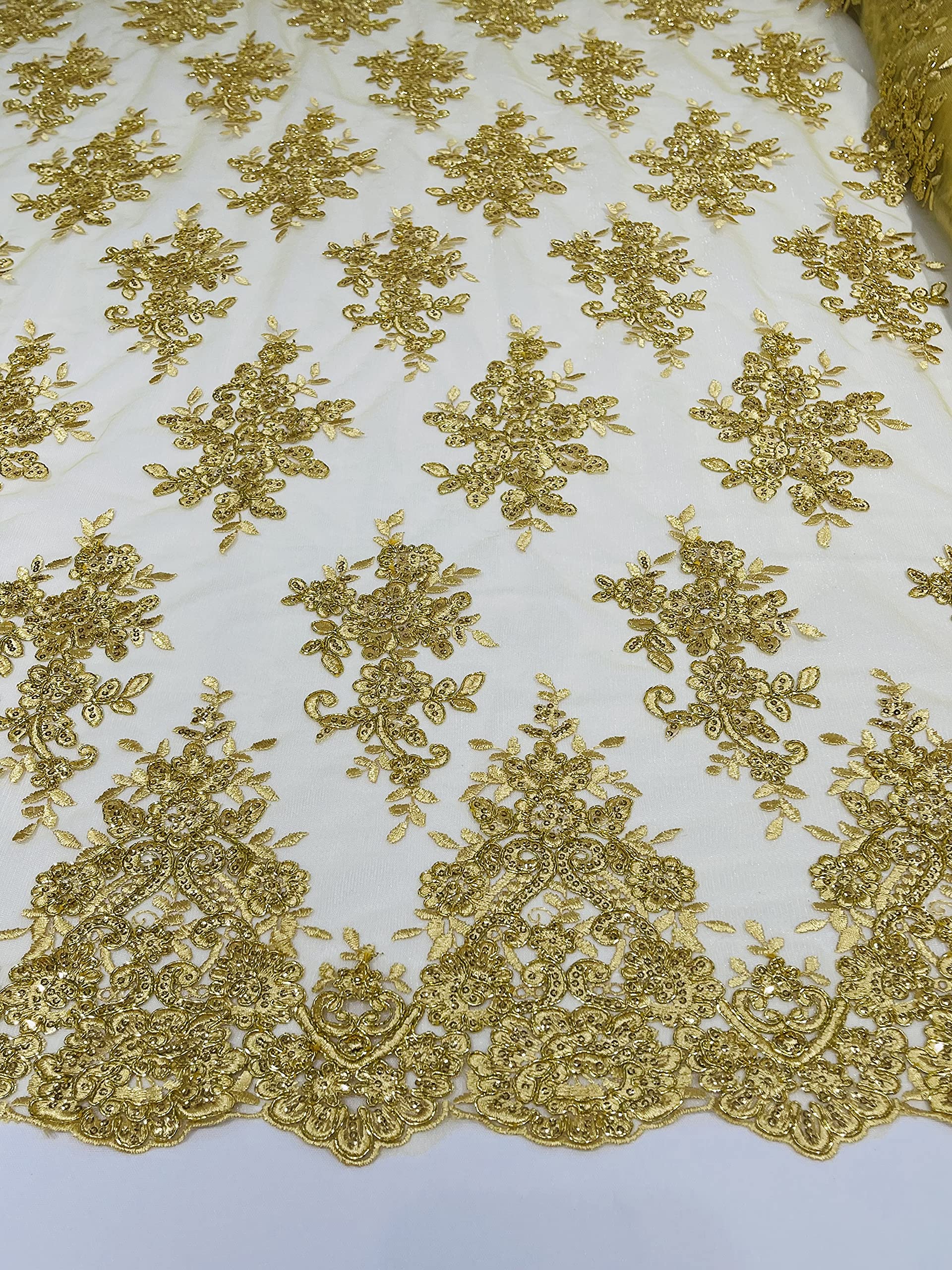 New Creations Fabric & Foam Inc, 50" Wide Floral Design Embroidery On A Mesh Lace with Sequins and Cord Fabric (1 Yard, Metallic Gold)