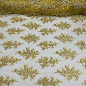 New Creations Fabric & Foam Inc, 50" Wide Floral Design Embroidery On A Mesh Lace with Sequins and Cord Fabric (1 Yard, Metallic Gold)