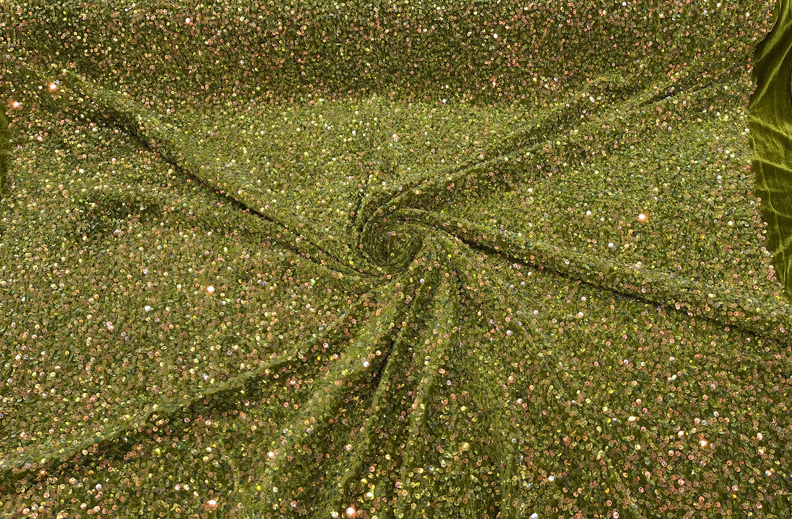 New Creations Fabric & Foam Inc, 54" Stretch Velvet with Luxury Sequins All Over 5mm Shining Sequins 2-Way Stretch (Olive, 1 Yard)