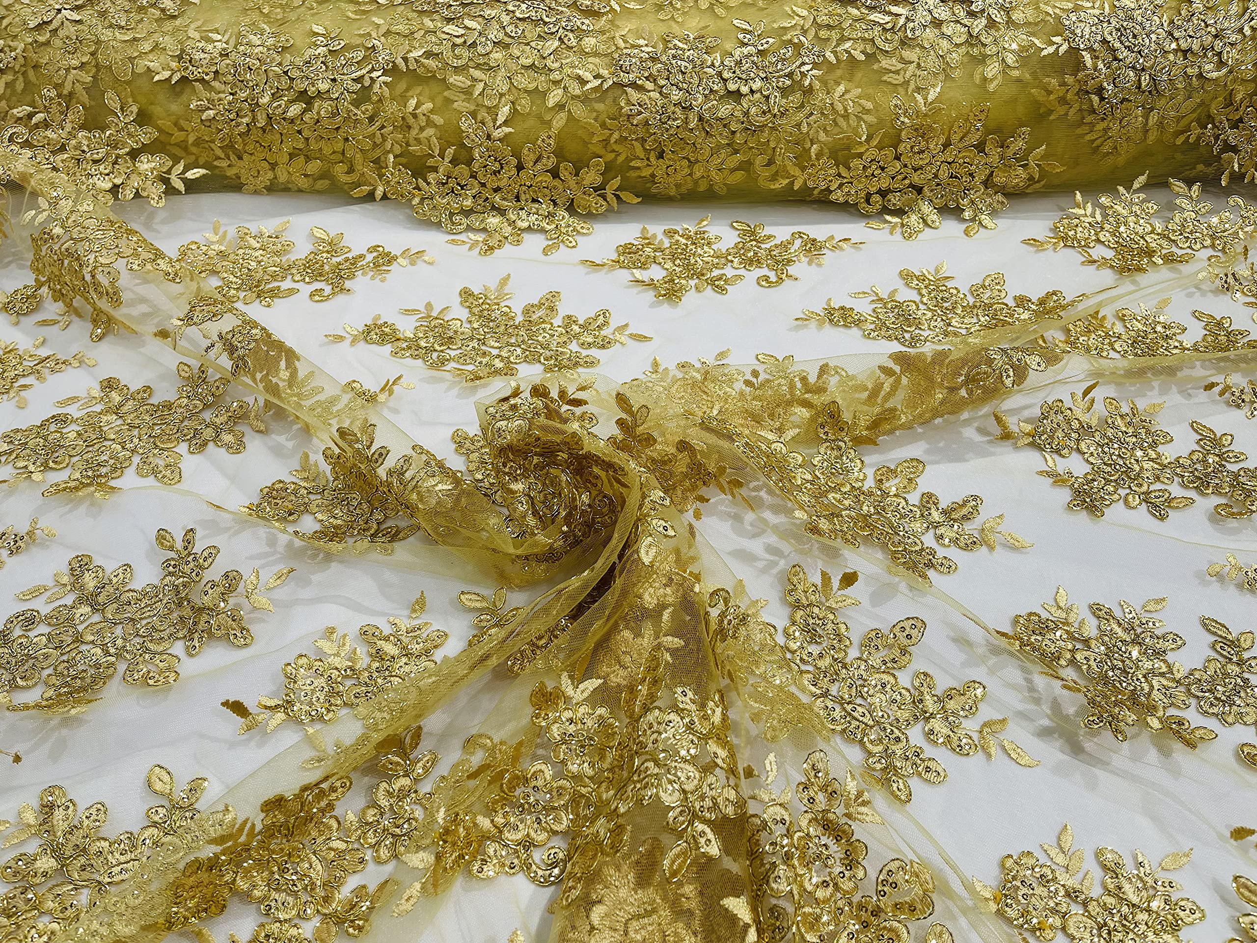 New Creations Fabric & Foam Inc, 50" Wide Floral Design Embroidery On A Mesh Lace with Sequins and Cord Fabric (1 Yard, Metallic Gold)