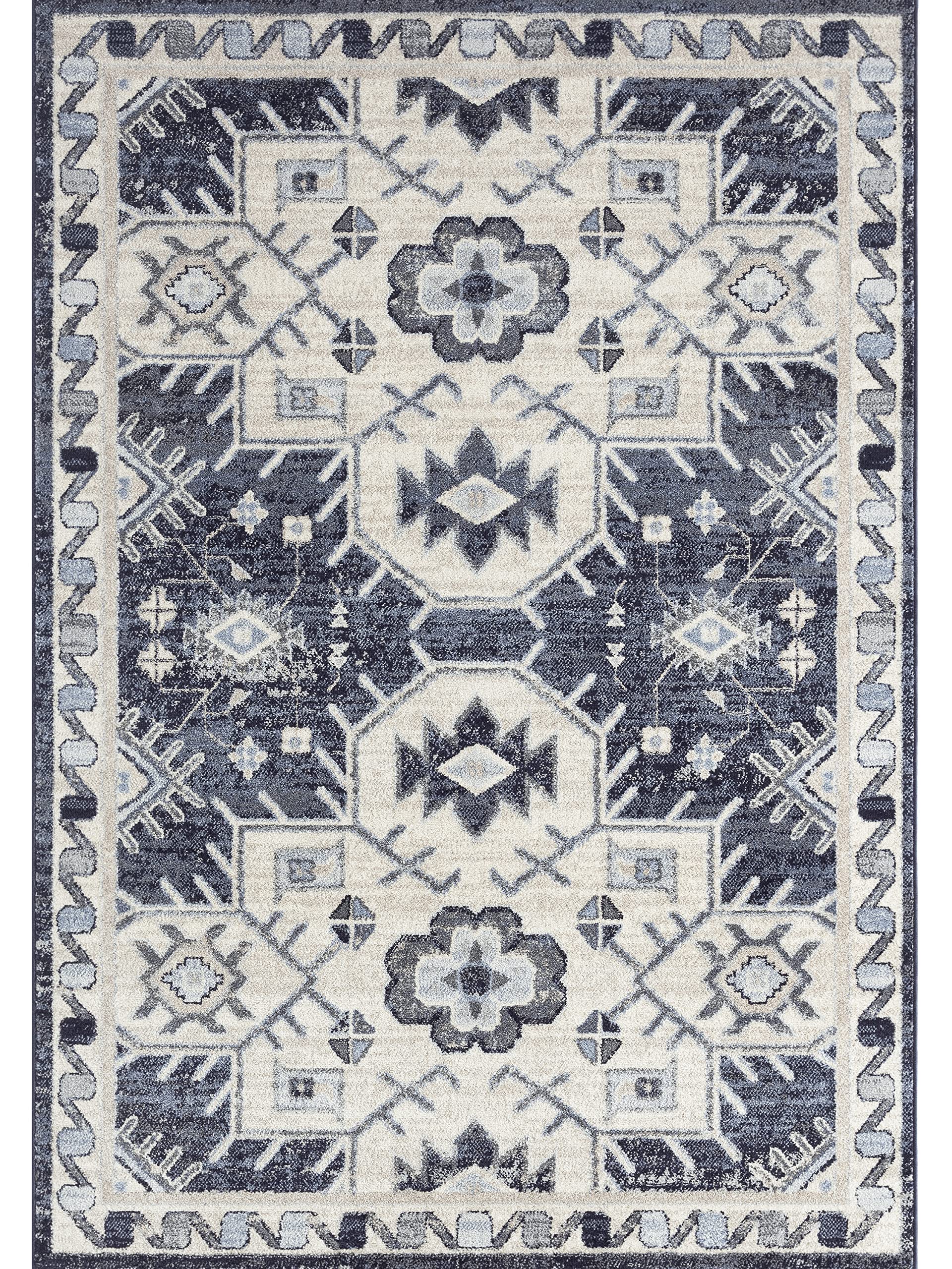 Abani 7'9" x 10'2" (8x10) Geometric Navy Blue & Cream Bedroom Rug Rugs Contemporary Style Non-Shedding Classic Area Rug