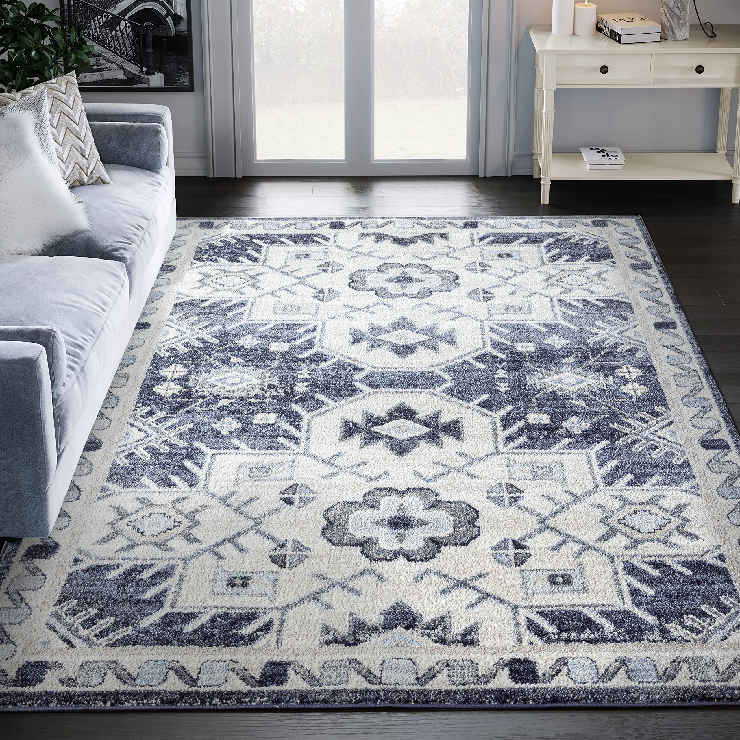 Abani 7'9" x 10'2" (8x10) Geometric Navy Blue & Cream Bedroom Rug Rugs Contemporary Style Non-Shedding Classic Area Rug