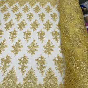 New Creations Fabric & Foam Inc, 50" Wide Floral Design Embroidery On A Mesh Lace with Sequins and Cord Fabric (1 Yard, Metallic Gold)