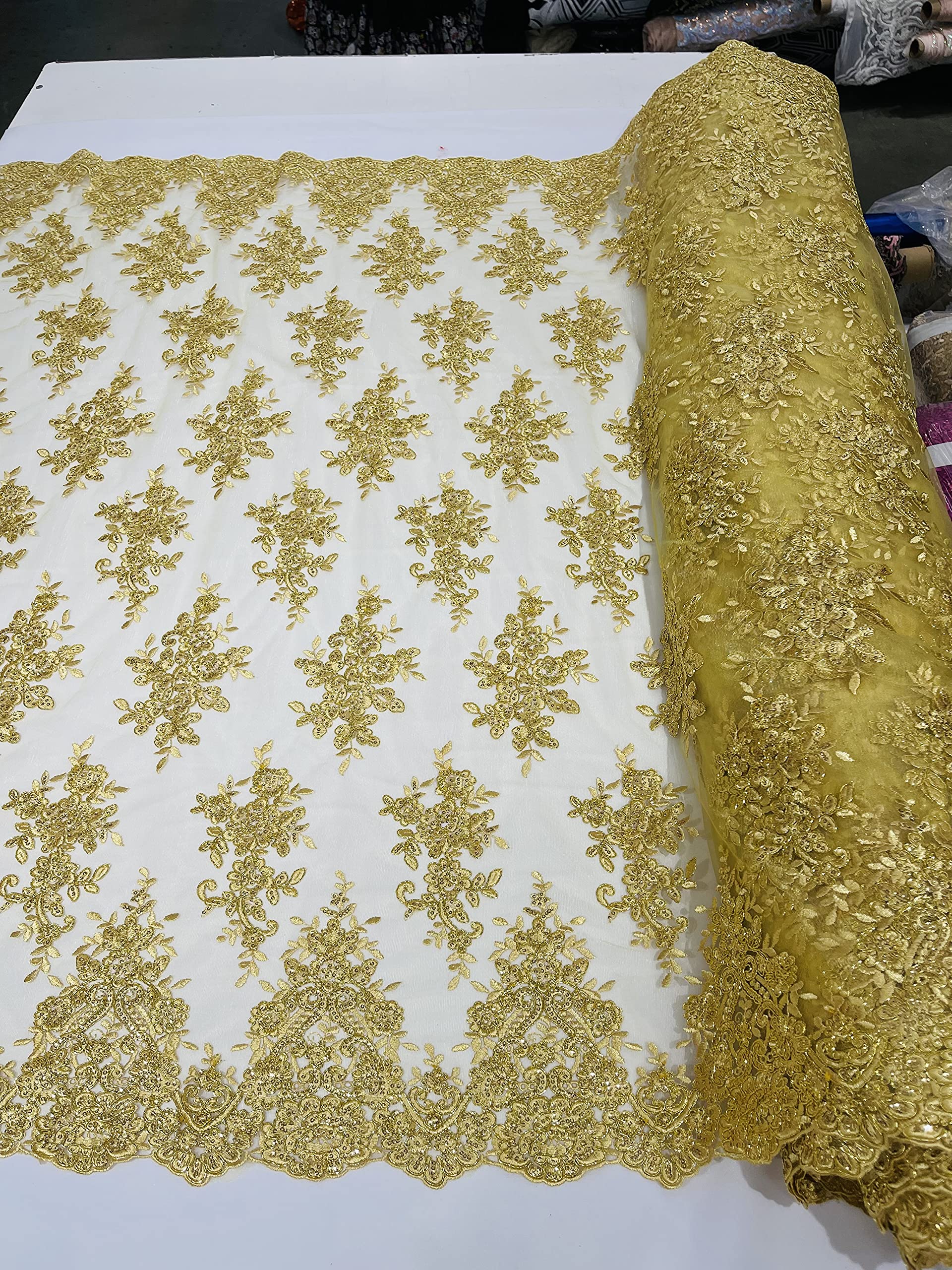 New Creations Fabric & Foam Inc, 50" Wide Floral Design Embroidery On A Mesh Lace with Sequins and Cord Fabric (1 Yard, Metallic Gold)