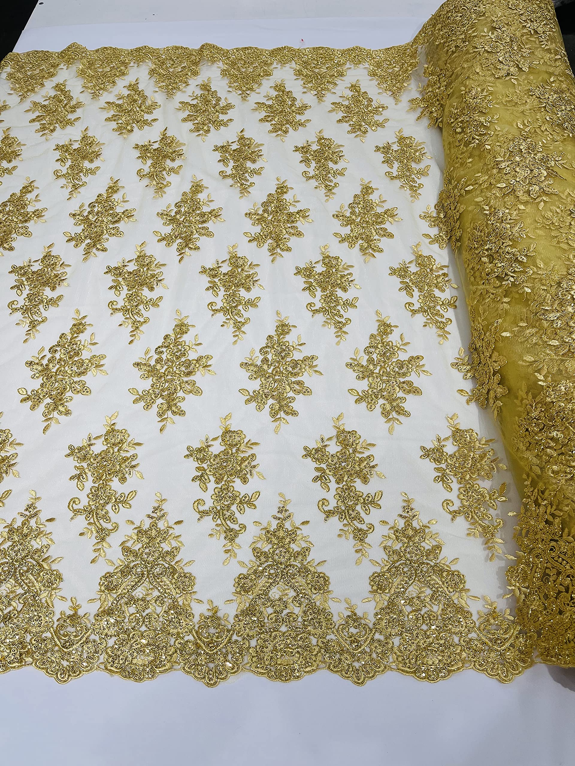 New Creations Fabric & Foam Inc, 50" Wide Floral Design Embroidery On A Mesh Lace with Sequins and Cord Fabric (1 Yard, Metallic Gold)