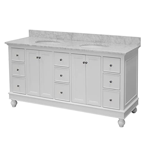 Kitchen Bath Collection Bella 72-inch Double Bathroom Vanity (White/Carrara): Includes White Cabinet with Authentic Italian Carrara Marble Countertop and White Ceramic Sinks