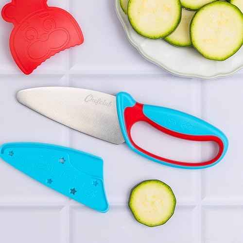 Chefclub Kids Kitchen Knife Set for Children Stainless Steel Blade - Finger Guard and Blade Protection Included - Ergonomic Handle, Safe Kitchen Knife Tool, Kids Cooking Supply - Blue/Red