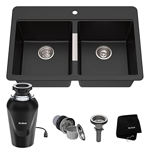 KRAUS 33 Inch Dual Mount 50/50 Double Bowl Granite Kitchen Sink w/Top mount and Undermount Installation in Black Onyx with WasteGuard™ Continuous Feed Garbage Disposal, KGD-433B-100-75MB