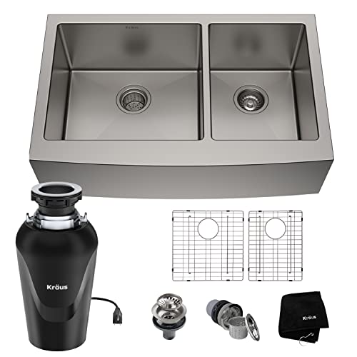 KRAUS Standart PRO™ 36-inch 16 Gauge 60/40 Double Bowl Stainless Steel Farmhouse Kitchen Sink with WasteGuard™ Continuous Feed Garbage Disposal, KHF203-36-100-75MB