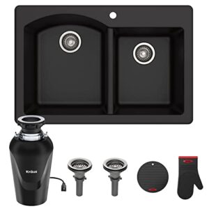 kraus forteza™ 33” dual mount 60/40 double bowl granite kitchen sink in black with wasteguard™ continuous feed garbage disposal, kgd-50bl-100-75mb