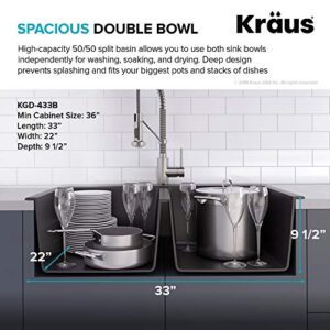 KRAUS 33 Inch Dual Mount 50/50 Double Bowl Granite Kitchen Sink w/Top mount and Undermount Installation in Black Onyx with WasteGuard™ Continuous Feed Garbage Disposal, KGD-433B-100-75MB