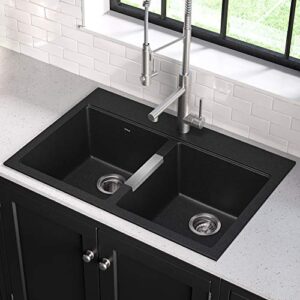 KRAUS 33 Inch Dual Mount 50/50 Double Bowl Granite Kitchen Sink w/Top mount and Undermount Installation in Black Onyx with WasteGuard™ Continuous Feed Garbage Disposal, KGD-433B-100-75MB