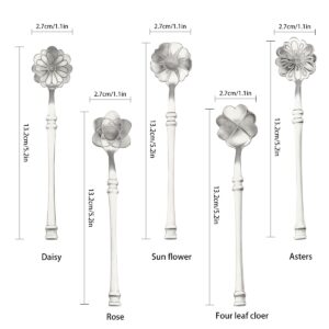 Flower Spoon Coffee Teaspoon Set, Stainless Steel Creative Dessert Spoons Sugar Spoon Coffee Spoon Teaspoon Ice-Cream Spoon Mixing Spoon Stir Bar Spoon Ice Tea Spoon (10Pcs, Silver)