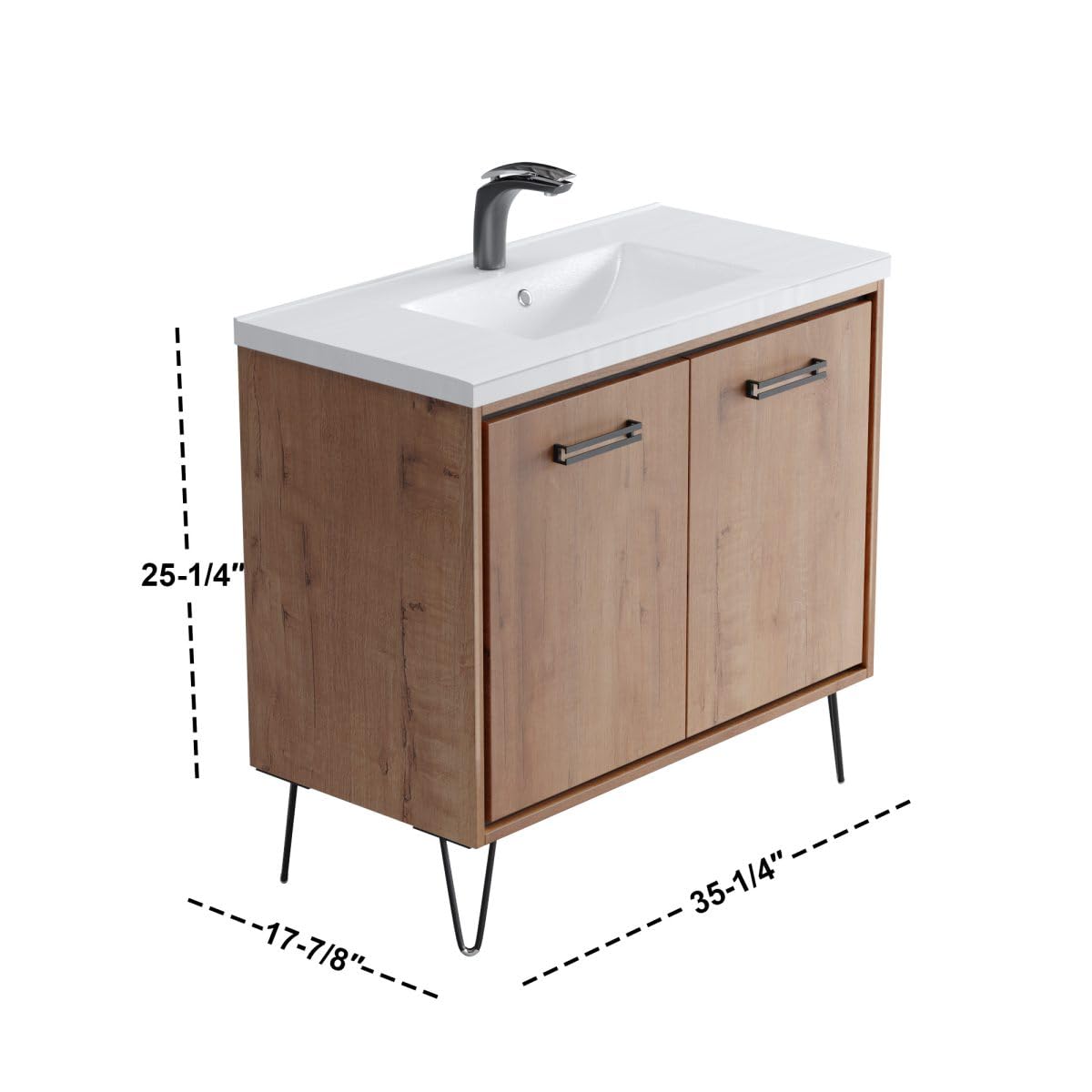 Dowell 36" Single Bathroom Vanity Set - White Ceramic Bowl with Wood Vanity - Perfect Storage Cabinet Combination - Two Doors with Handles and Two Shelves | Tan-Wood Grain