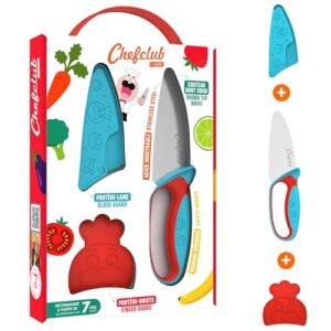 chefclub kids kitchen knife set for children stainless steel blade - finger guard and blade protection included - ergonomic handle, safe kitchen knife tool, kids cooking supply - blue/red