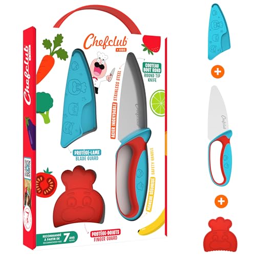 Chefclub Kids Kitchen Knife Set for Children Stainless Steel Blade - Finger Guard and Blade Protection Included - Ergonomic Handle, Safe Kitchen Knife Tool, Kids Cooking Supply - Blue/Red