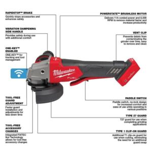 Milwaukee 2882-20 M18 FUEL Brushless Lithium-Ion 4-1/2 in. / 5 in. Cordless Braking Grinder with No-Lock Paddle Switch with ONE-KEY (Tool Only)