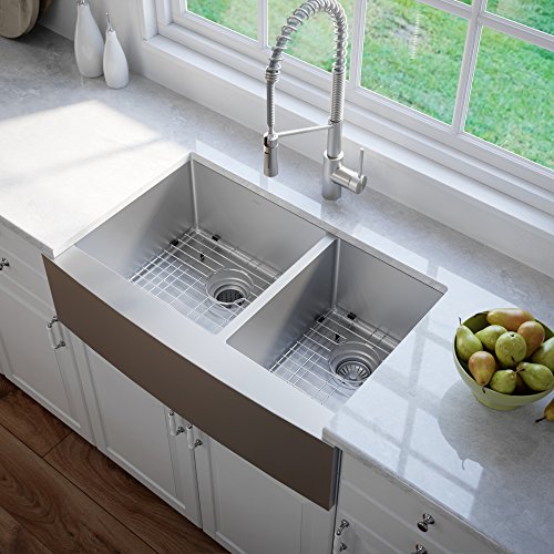 KRAUS Standart PRO™ 36-inch 16 Gauge 60/40 Double Bowl Stainless Steel Farmhouse Kitchen Sink with WasteGuard™ Continuous Feed Garbage Disposal, KHF203-36-100-75MB