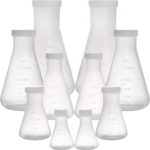 peohud set of 10 scientific plastic erlenmeyer flasks, narrow mouth erlenmeyer with screw caps, lab erlenmeyer flask with molded graduations(50ml, 100ml, 250ml, 500ml, 1l)