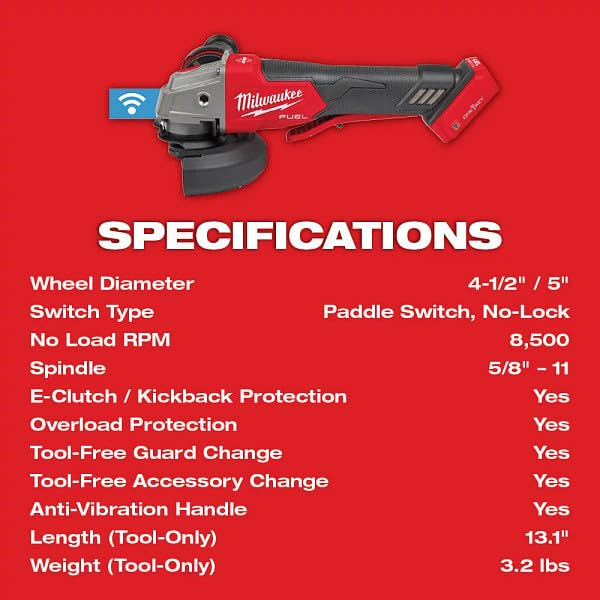 Milwaukee 2882-20 M18 FUEL Brushless Lithium-Ion 4-1/2 in. / 5 in. Cordless Braking Grinder with No-Lock Paddle Switch with ONE-KEY (Tool Only)