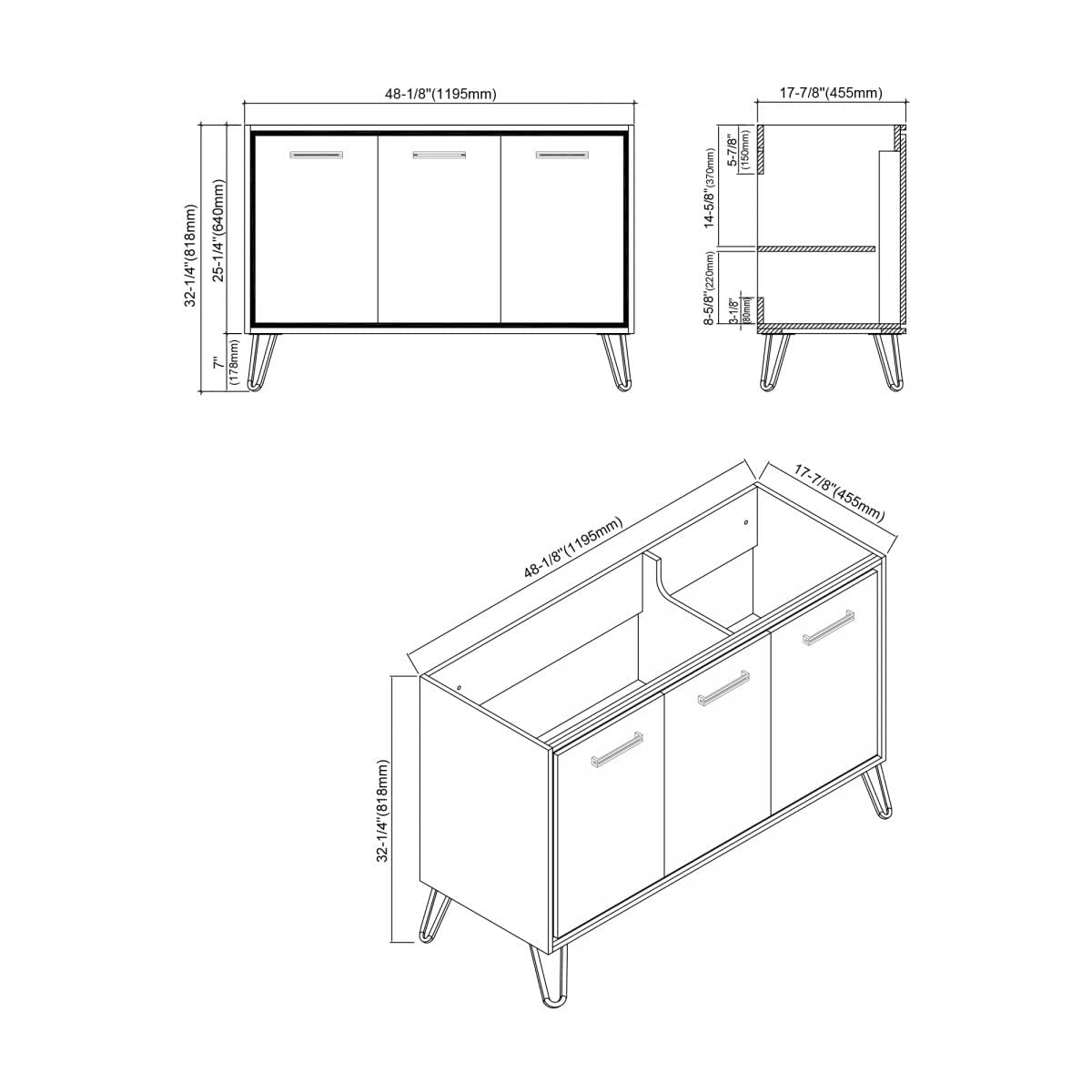 Dowell 48" Single Bathroom Vanity Set - White Resin Basin with Gloss-White Vanity Base, Three Doors with Handles and Two Shelves