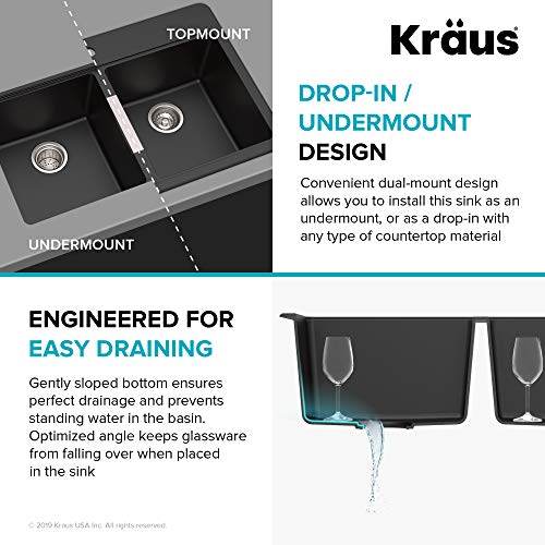 KRAUS 33 Inch Dual Mount 50/50 Double Bowl Granite Kitchen Sink w/Top mount and Undermount Installation in Black Onyx with WasteGuard™ Continuous Feed Garbage Disposal, KGD-433B-100-75MB