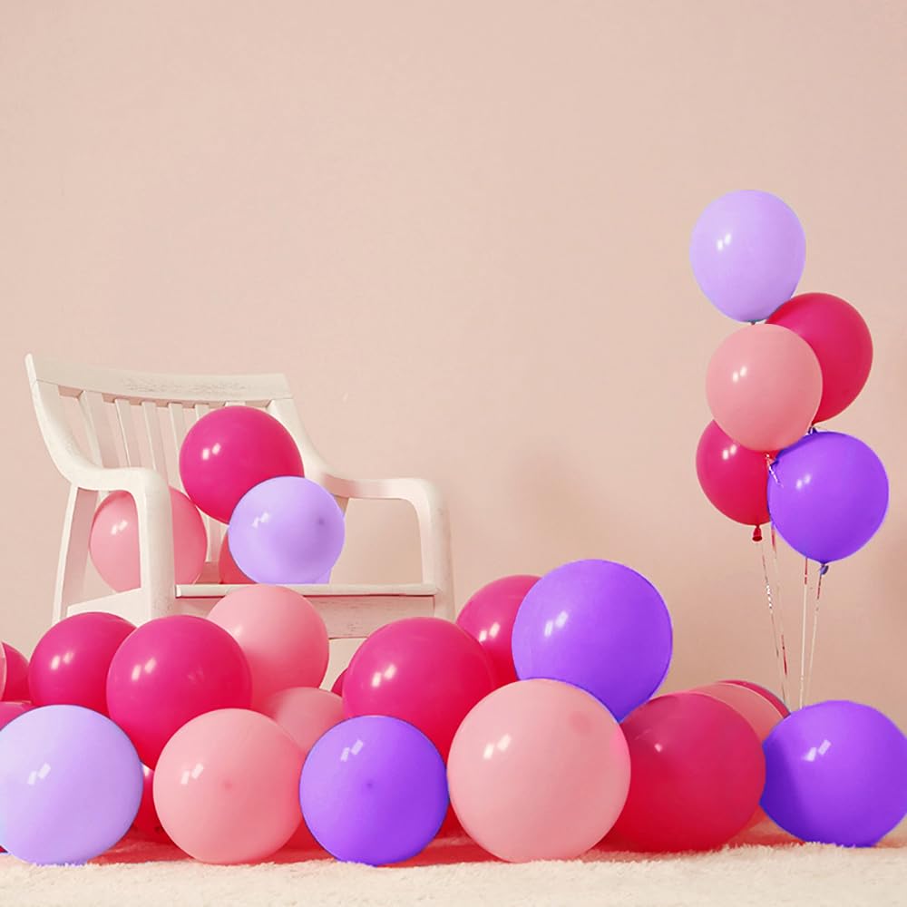 Pink and Purple Balloons 12 Inch 100 Pack with Ribbon Purple and Pink Latex Balloons for Girl Birthday Bridal Baby Shower Engagement Bachelorette Wedding Graduation Party Decorations