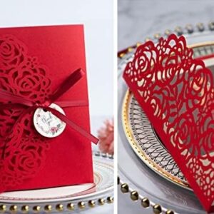 Cylallen 20sets 4.9x 7 inch Rose Laser Cut Wedding Invitation Jacket Pocket for Quinceanera Bridal Shower Baby Shower Party Dinner Invite (Red)