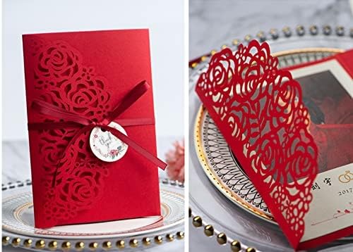 Cylallen 20sets 4.9x 7 inch Rose Laser Cut Wedding Invitation Jacket Pocket for Quinceanera Bridal Shower Baby Shower Party Dinner Invite (Red)