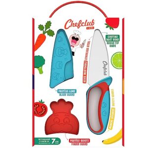 Chefclub Kids Kitchen Knife Set for Children Stainless Steel Blade - Finger Guard and Blade Protection Included - Ergonomic Handle, Safe Kitchen Knife Tool, Kids Cooking Supply - Blue/Red