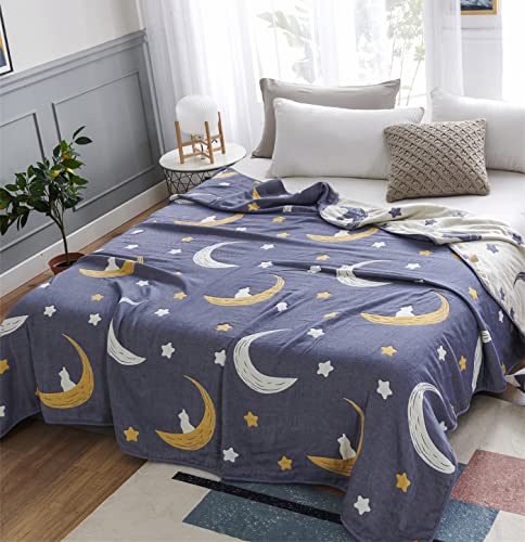 J-pinno Bright Moon Stars Muslin Blanket Reversible 100% Cotton 6 Layer Quilt Bed Blanket Soft Warm Throw Sofa Couch Toddler Kids Cartoon Travel Coverlet Sheet (Stars, Twin 56" X 76")