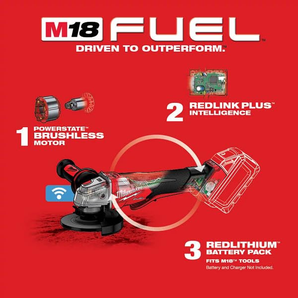 Milwaukee 2882-20 M18 FUEL Brushless Lithium-Ion 4-1/2 in. / 5 in. Cordless Braking Grinder with No-Lock Paddle Switch with ONE-KEY (Tool Only)