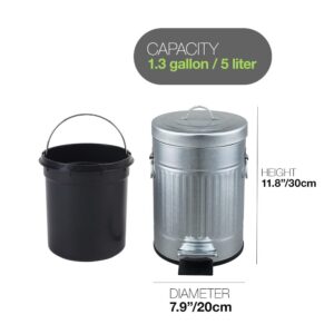 Bathroom Trash Can with Lid, Small Waste Basket for Home Bedroom, Retro Step Garbage Can with Soft Close, Vintage Office Trash Can, 5 Liter/ 1.3 Gallon, Glossy Grey