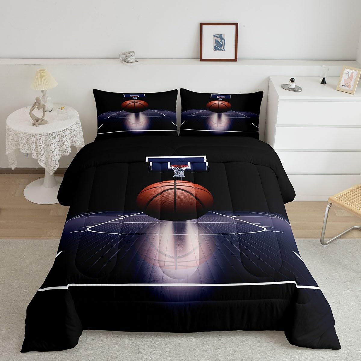 Basketball Comforter Set Queen for Boys Kids 3D Sports Games Room Decor Basketball Court Comforter Aldults Bedroom Ball Games Bedding Set 1 Comforter with 2 Pillow Cases,Lightweight Warm Soft