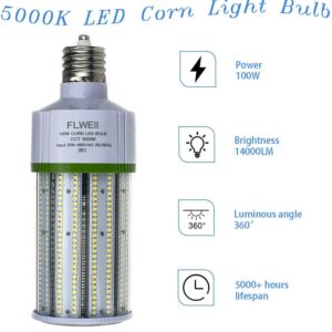 FLWEII LED Corn Light Bulb, 208-480V 100W E39 Mogul Base 5000K,14000 LM Replacement 400W HPS/MH for Indoor Outdoor Garage Warehouse Factory Backyard